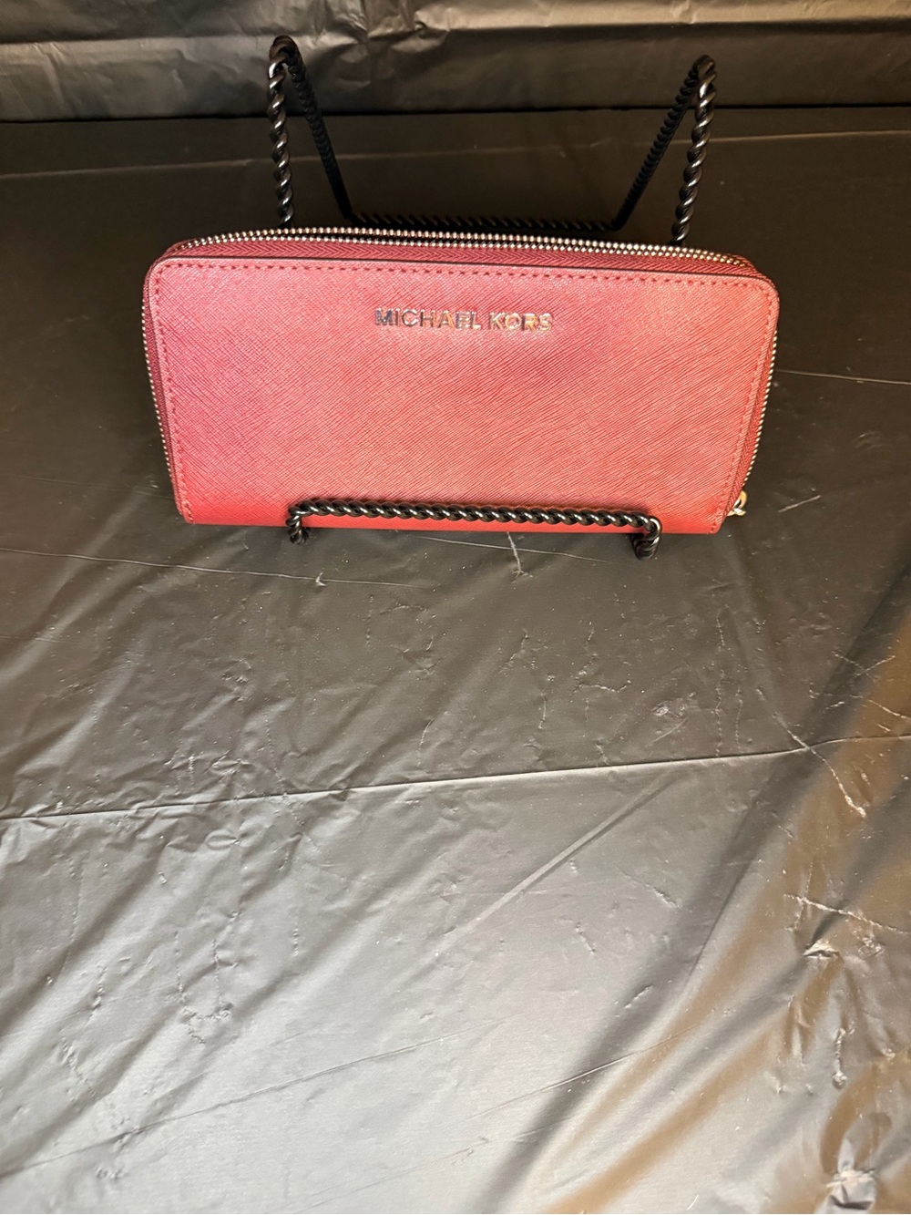 Michael Kors Pink Saffiano Zip Wallet With Chain Strap